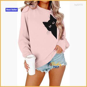 Funny Cat Graphic Sweatshirt Long Sleeve Crewneck Pullover Hoodie Top